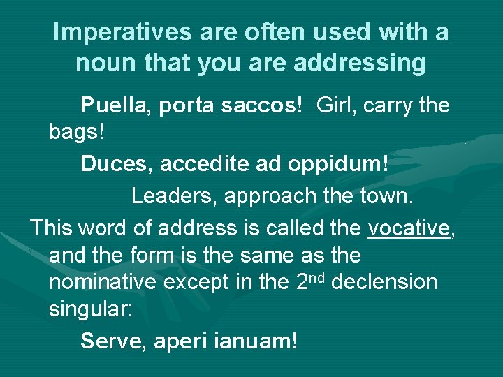 Imperatives are often used with a noun that you are addressing Puella, porta saccos!