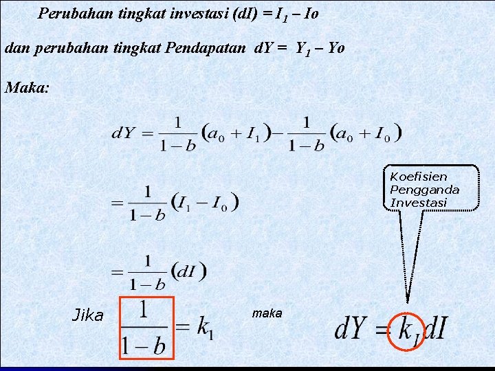 Perubahan tingkat investasi (d. I) = I 1 – Io dan perubahan tingkat Pendapatan