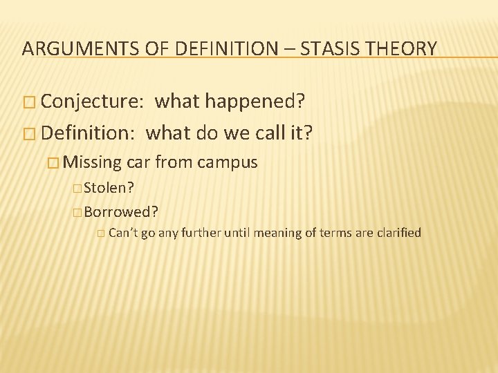 ARGUMENTS OF DEFINITION – STASIS THEORY � Conjecture: what happened? � Definition: what do