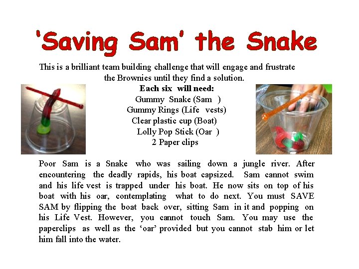 ‘Saving Sam’ the Snake This is a brilliant team building challenge that will engage