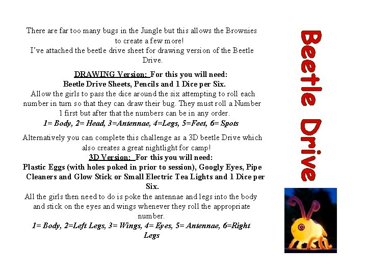 DRAWING Version: For this you will need: Beetle Drive Sheets, Pencils and 1 Dice