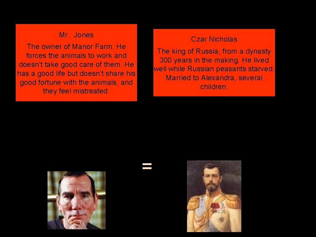 Mr. Jones Czar Nicholas The owner of Manor Farm. He forces the animals to