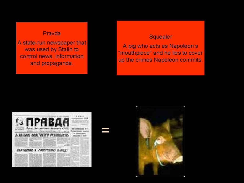 Pravda Squealer A state-run newspaper that was used by Stalin to control news, information