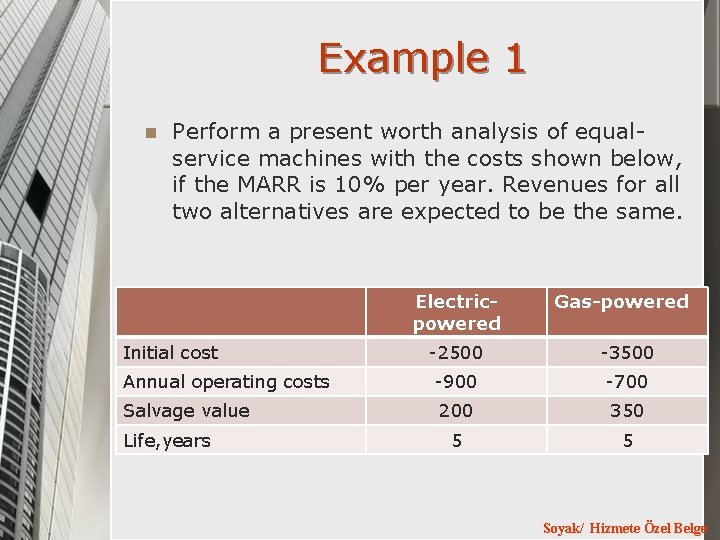 Example 1 n Perform a present worth analysis of equalservice machines with the costs