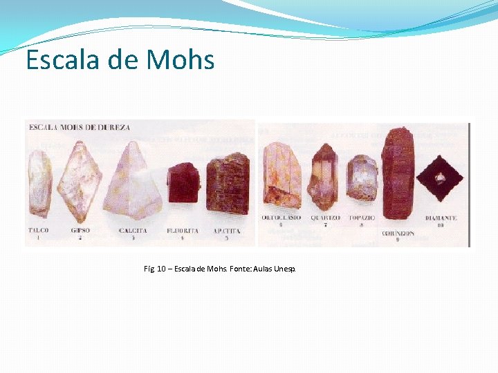 Escala de Mohs Fig. 10 – Escala de Mohs. Fonte: Aulas Unesp. 