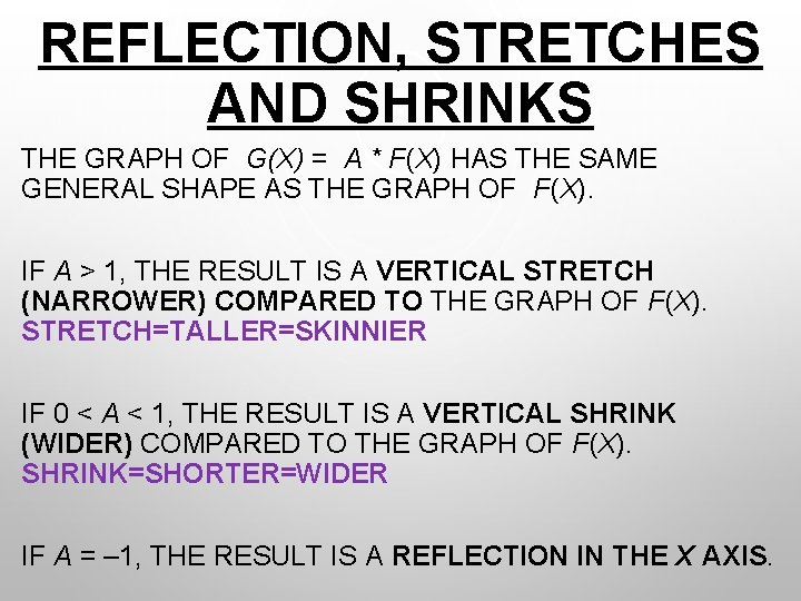 REFLECTION, STRETCHES AND SHRINKS THE GRAPH OF G(X) = A * F(X) HAS THE