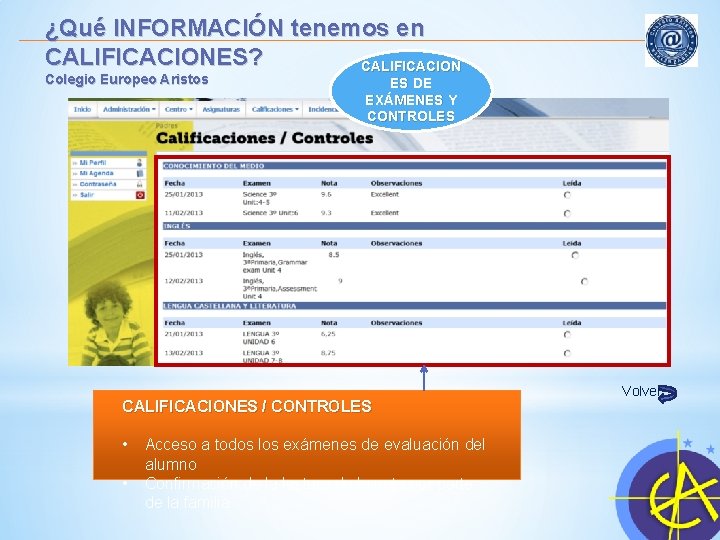 ¿Qué INFORMACIÓN tenemos en CALIFICACIONES? CALIFICACION Colegio Europeo Aristos ES DE EXÁMENES Y CONTROLES