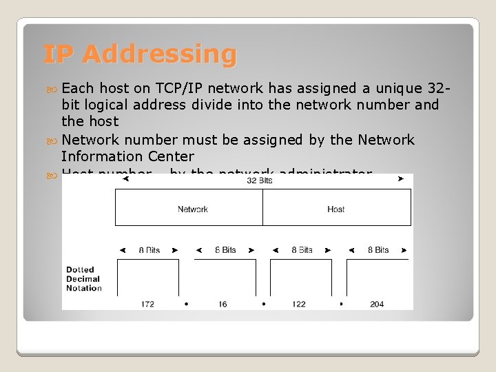IP Addressing Each host on TCP/IP network has assigned a unique 32 bit logical