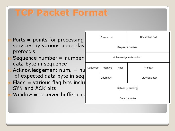 TCP Packet Format Ports = points for processing TCP services by various upper-layer protocols