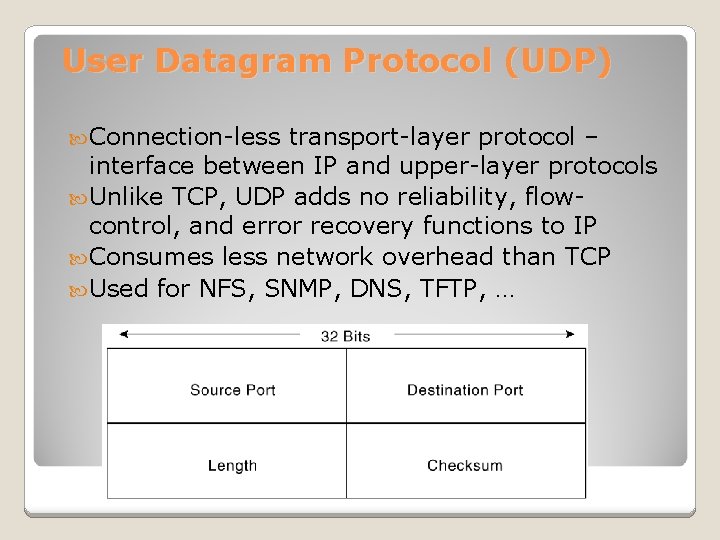 User Datagram Protocol (UDP) Connection-less transport-layer protocol – interface between IP and upper-layer protocols