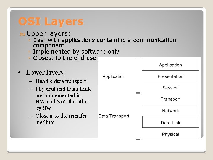 OSI Layers Upper layers: ◦ Deal with applications containing a communication component ◦ Implemented