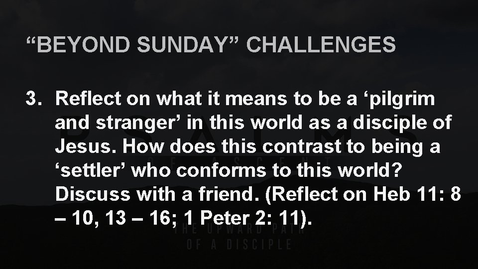 “BEYOND SUNDAY” CHALLENGES 3. Reflect on what it means to be a ‘pilgrim and