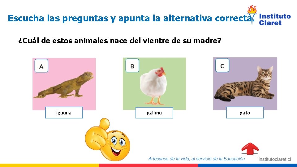 Escucha las preguntas y apunta la alternativa correcta. ¿Cuál de estos animales nace del
