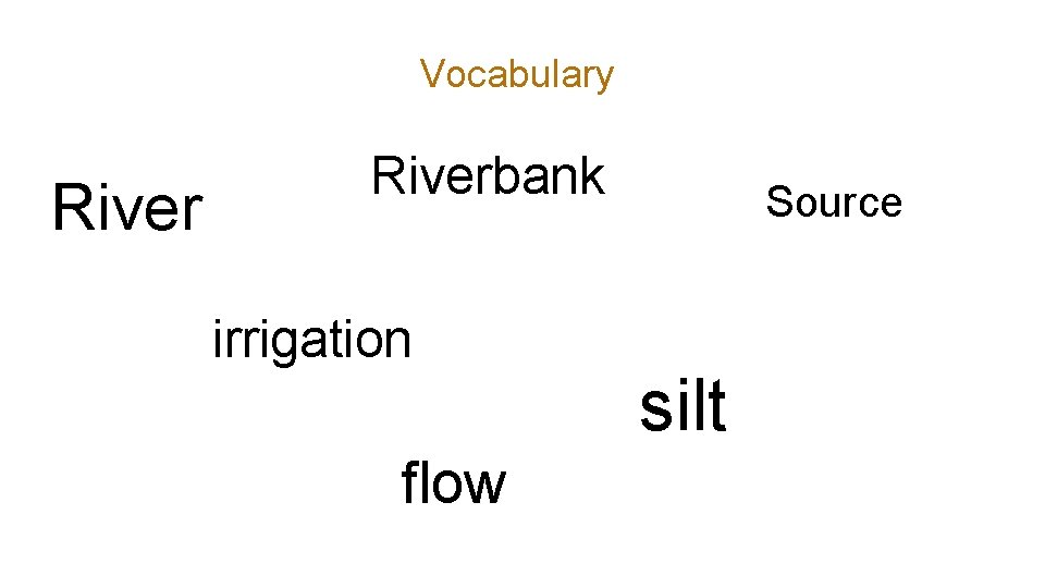 Vocabulary Riverbank irrigation flow Source silt 