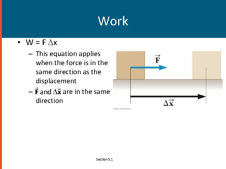 Work • W = F x – This equation applies when the force is