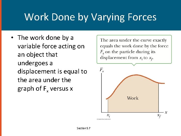 Work Done by Varying Forces • The work done by a variable force acting
