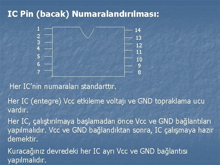 IC Pin (bacak) Numaralandırılması: 1 2 3 4 5 6 7 14 13 12