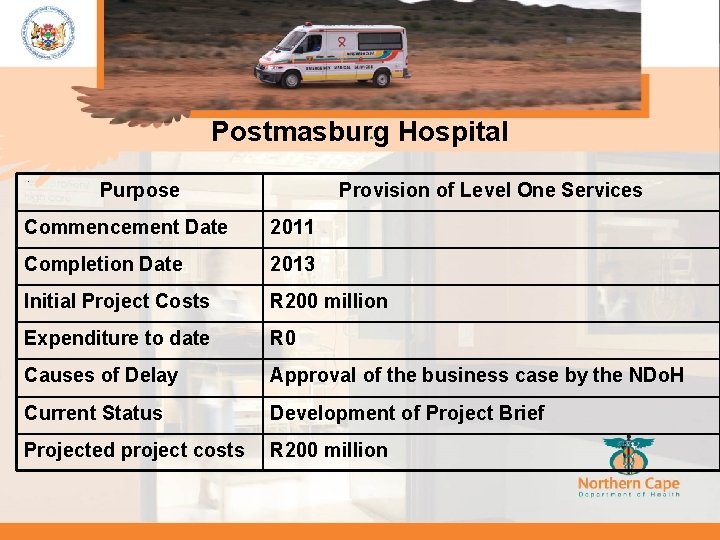 Postmasburg Hospital. • . Purpose Provision of Level One Services Commencement Date 2011 Completion