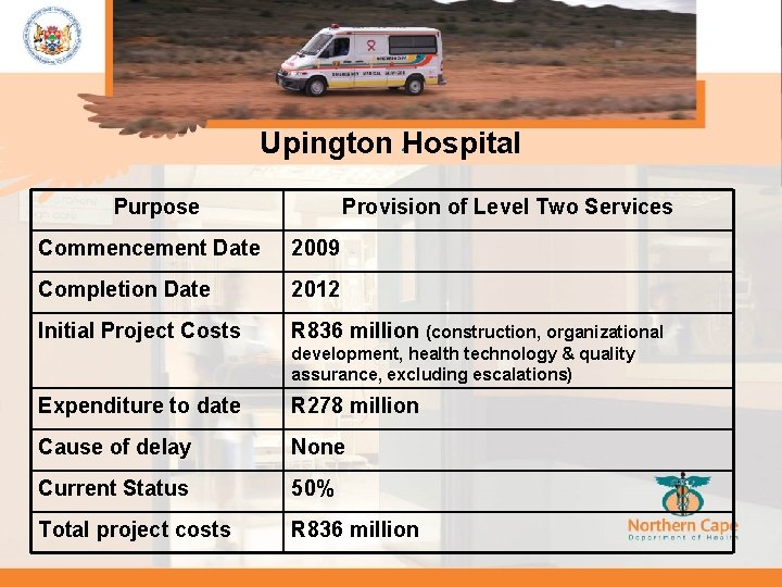 Upington Hospital. • . Purpose Provision of Level Two Services Commencement Date 2009 Completion