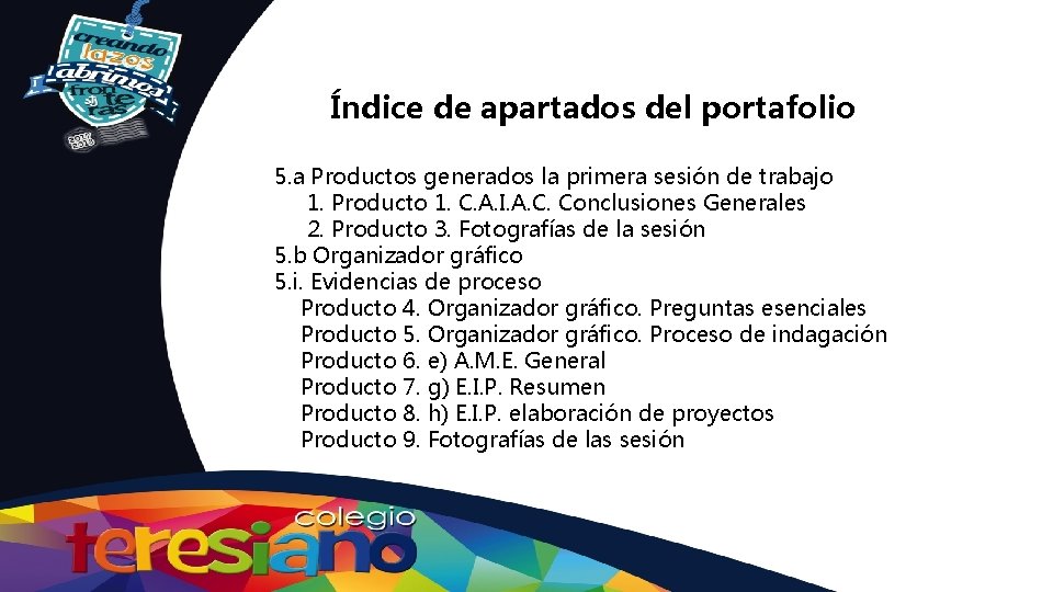 Índice de apartados del portafolio 5. a Productos generados la primera sesión de trabajo
