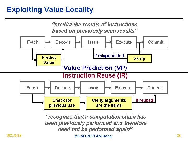 Exploiting Value Locality “predict the results of instructions based on previously seen results” Fetch