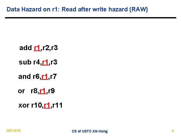 Data Hazard on r 1: Read after write hazard (RAW) add r 1, r