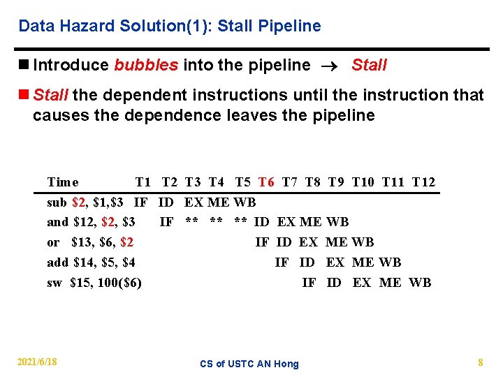 Data Hazard Solution(1): Stall Pipeline n Introduce bubbles into the pipeline Stall n Stall