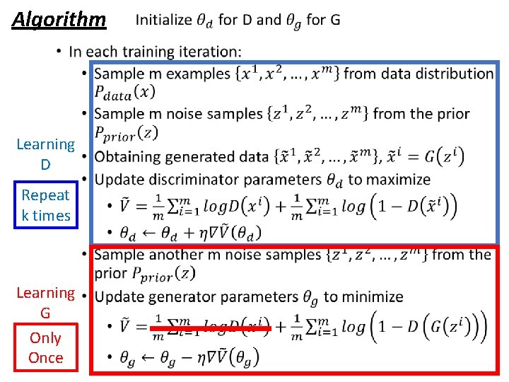 Algorithm • Learning D Repeat k times Learning G Only Once Algorithm • Learning D Repeat k times Learning G Only Once