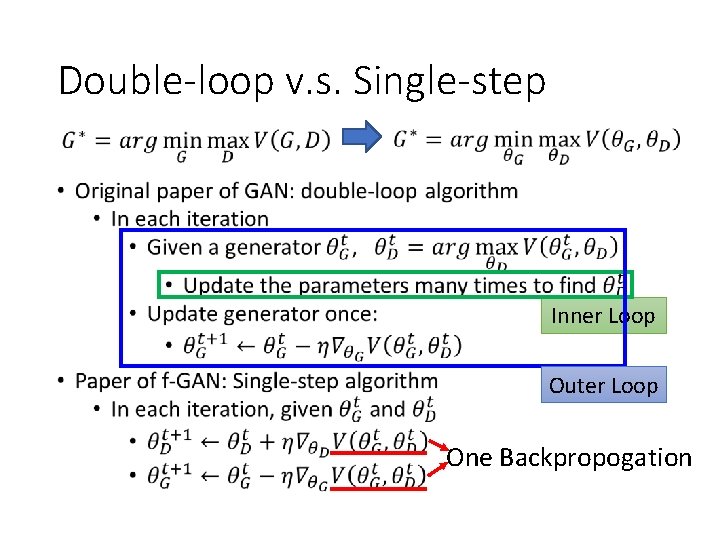Double-loop v. s. Single-step • Inner Loop Outer Loop One Backpropogation Double-loop v. s. Single-step • Inner Loop Outer Loop One Backpropogation