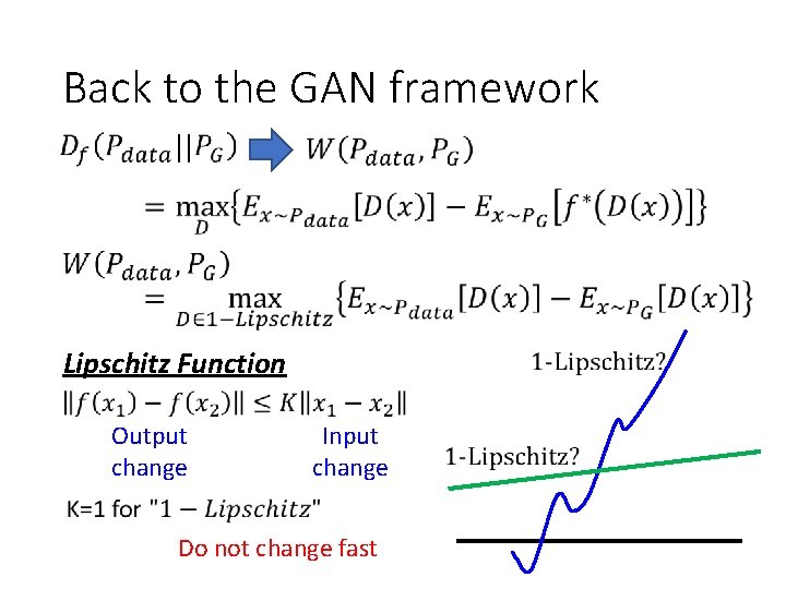 Back to the GAN framework Lipschitz Function Output change Input change Do not change Back to the GAN framework Lipschitz Function Output change Input change Do not change