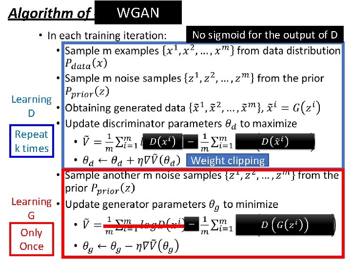 WGAN Algorithm of Original GAN • No sigmoid for the output of D Learning WGAN Algorithm of Original GAN • No sigmoid for the output of D Learning