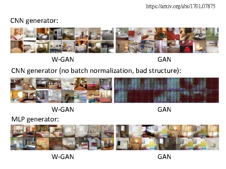 https: //arxiv. org/abs/1701. 07875 CNN generator: W-GAN CNN generator (no batch normalization, bad structure): https: //arxiv. org/abs/1701. 07875 CNN generator: W-GAN CNN generator (no batch normalization, bad structure):