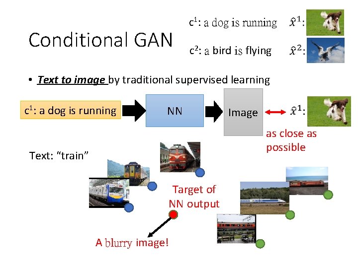 Conditional GAN c 1: a dog is running c 2: a bird is flying Conditional GAN c 1: a dog is running c 2: a bird is flying