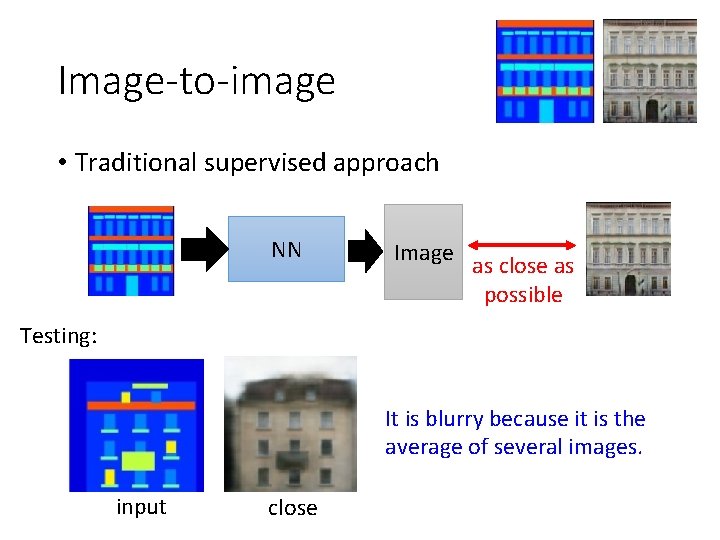 Image-to-image • Traditional supervised approach NN Image as close as possible Testing: It is Image-to-image • Traditional supervised approach NN Image as close as possible Testing: It is