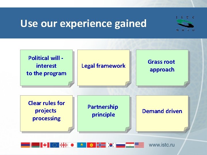 Use our experience gained Political will interest to the program Legal framework Grass root