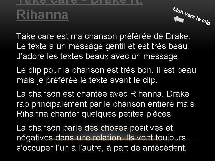 Take care - Drake ft. Rihanna Lie nv ers le c Take care est