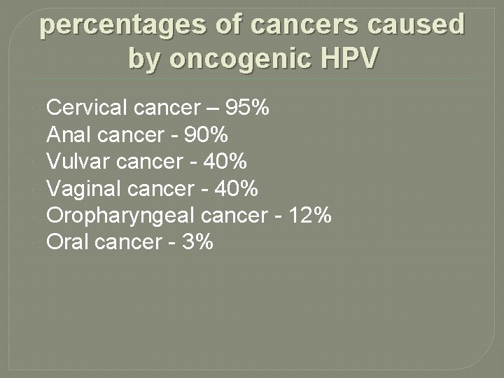 percentages of cancers caused by oncogenic HPV Cervical cancer – 95% Anal cancer -