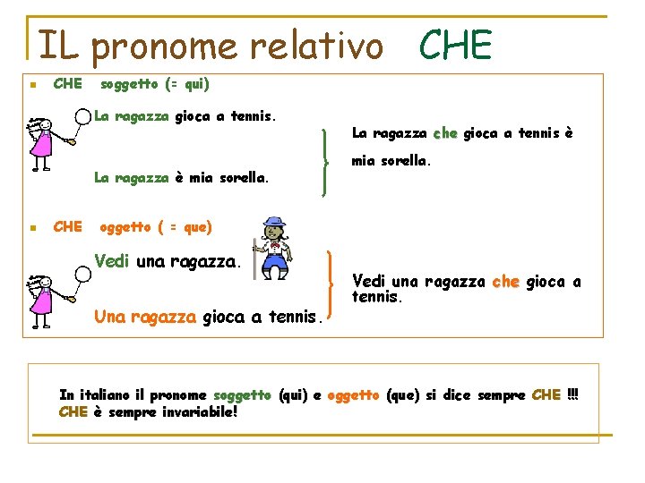 IL pronome relativo CHE n CHE soggetto (= qui) La ragazza gioca a tennis. IL pronome relativo CHE n CHE soggetto (= qui) La ragazza gioca a tennis.