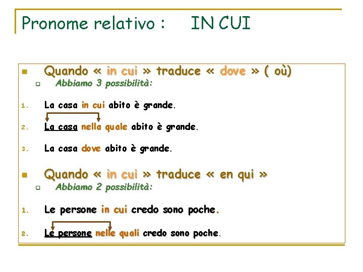 Pronome relativo : IN CUI Quando « in cui » traduce « dove » Pronome relativo : IN CUI Quando « in cui » traduce « dove »