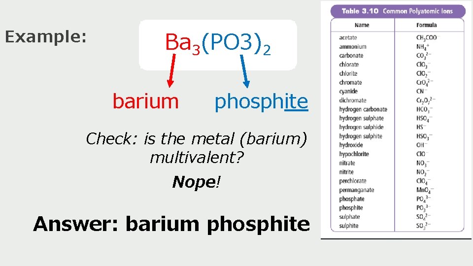 Example: Ba 3(PO 3)2 barium phosphite Check: is the metal (barium) multivalent? Nope! Answer: