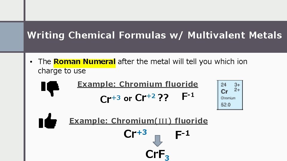 Writing Chemical Formulas w/ Multivalent Metals • The Roman Numeral after the metal will