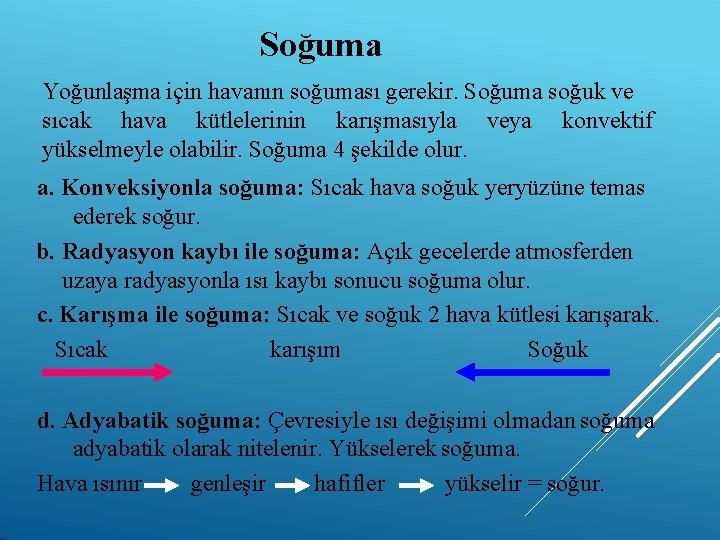 Soğuma Yoğunlaşma için havanın soğuması gerekir. Soğuma soğuk ve sıcak hava kütlelerinin karışmasıyla veya