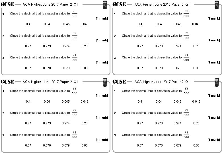 AQA Higher: June 2017 Paper 2, Q 1 1 1 [1 mark] 0. 4
