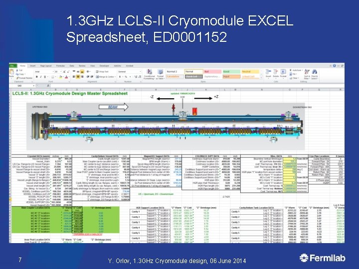 1. 3 GHz LCLS-II Cryomodule EXCEL Spreadsheet, ED 0001152 7 Y. Orlov, 1. 3