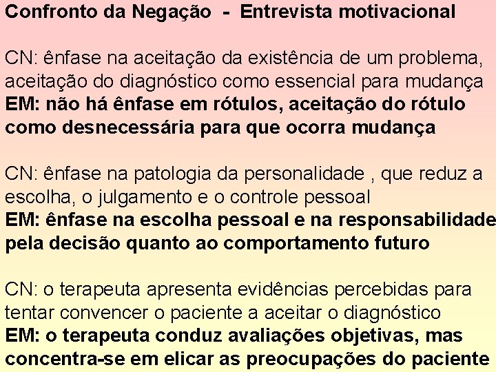 Confronto da Negação - Entrevista motivacional CN: ênfase na aceitação da existência de um