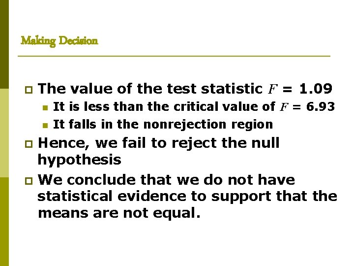 Making Decision The value of the test statistic F = 1. 09 It is