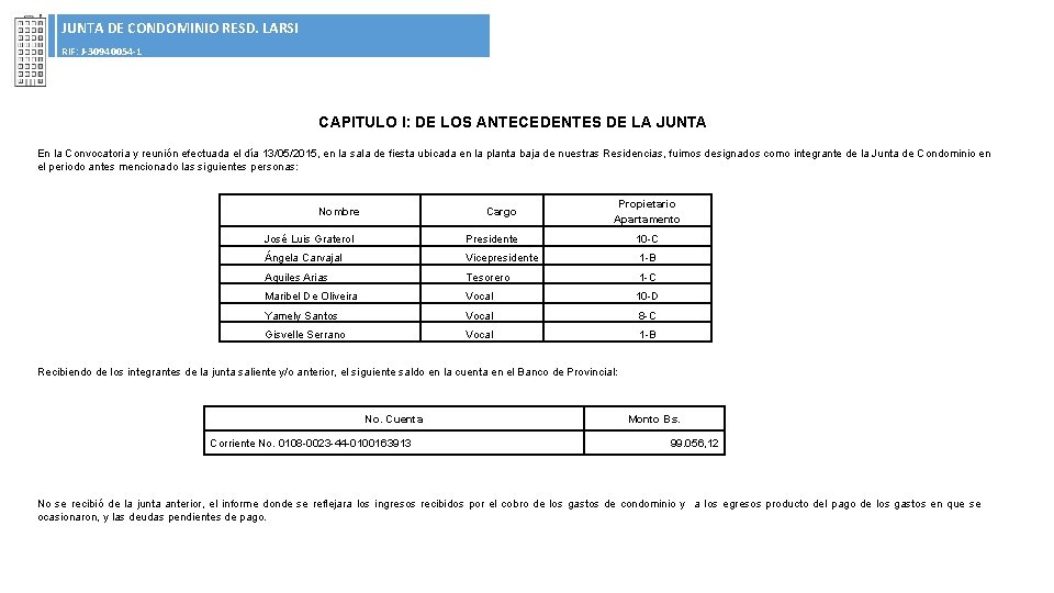 JUNTA DE CONDOMINIO RESD. LARSI RIF: J-30940054 -1 CAPITULO I: DE LOS ANTECEDENTES DE