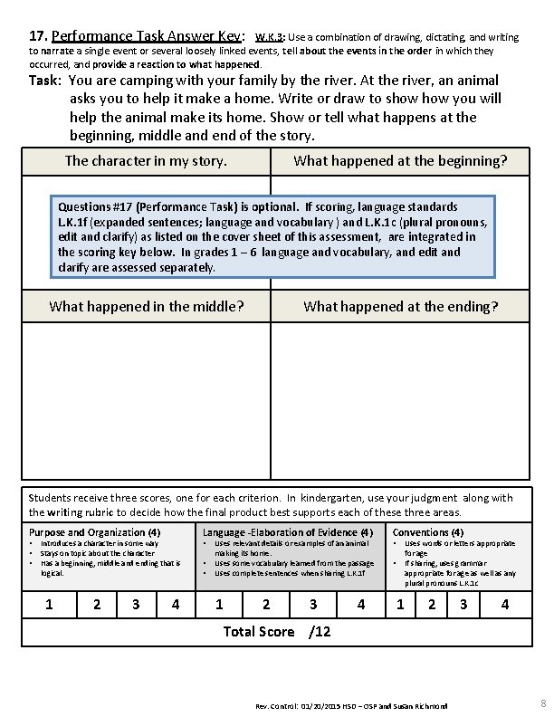17. Performance Task Answer Key: W. K. 3: Use a combination of drawing, dictating, 17. Performance Task Answer Key: W. K. 3: Use a combination of drawing, dictating,