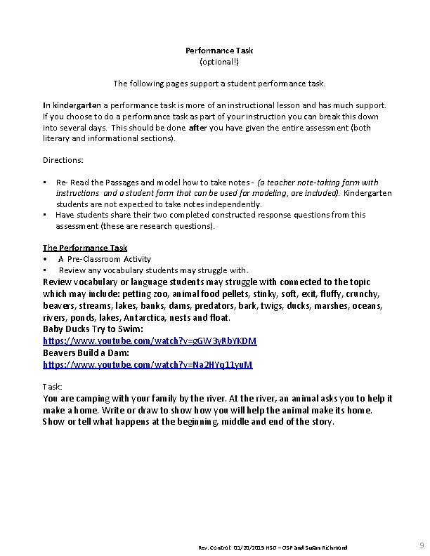 Performance Task (optional!) The following pages support a student performance task. In kindergarten a Performance Task (optional!) The following pages support a student performance task. In kindergarten a