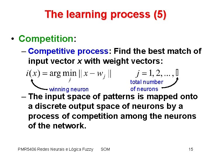 The learning process (5) • Competition: – Competitive process: Find the best match of